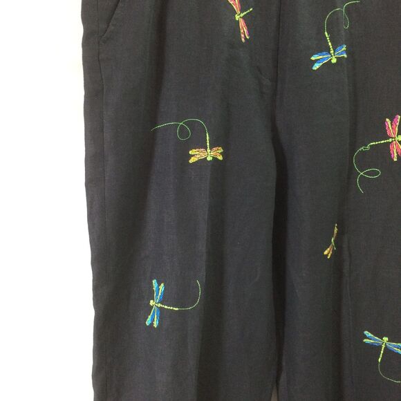 Alexandra Bartlett Linen Pants Embroidered Dragonflies Black Cropped Size 14W - Picture 2 of 4